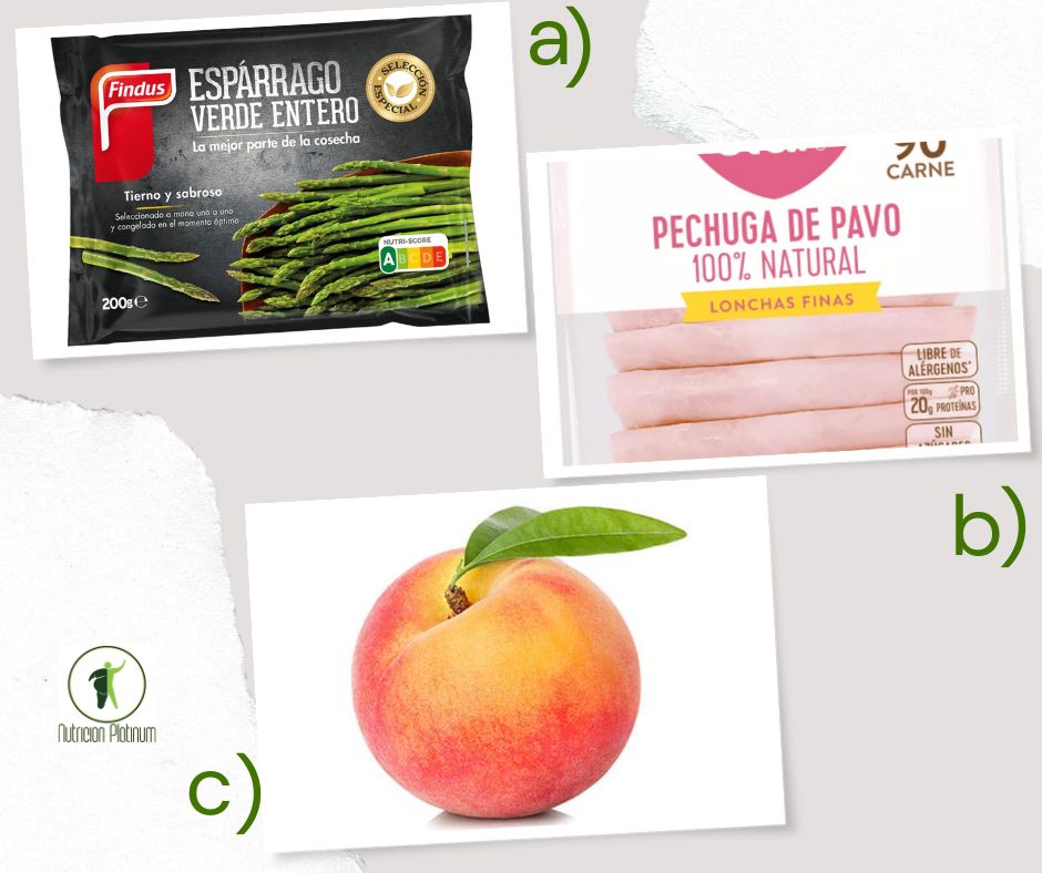 Espárragos verdes con pechuga de pollo y 1 melocotón.